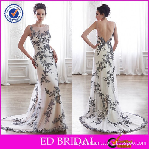 2015 New Fashion Sleeveless Low Back White Black Lace Wedding Dress